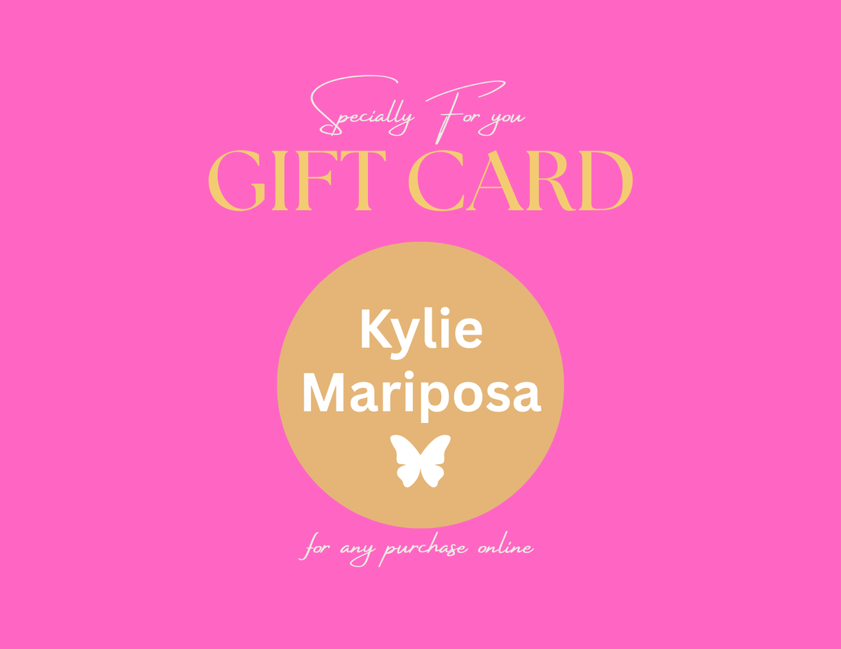 A bright pink gift card design with the words 'GIFT CARD' in large yellow letters, a tan circle in the center reading 'Kylie Mariposa' in white, and white script text above and below.