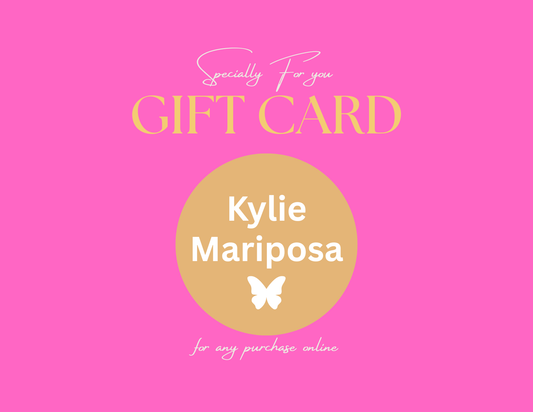 A bright pink gift card design with the words 'GIFT CARD' in large yellow letters, a tan circle in the center reading 'Kylie Mariposa' in white, and white script text above and below.